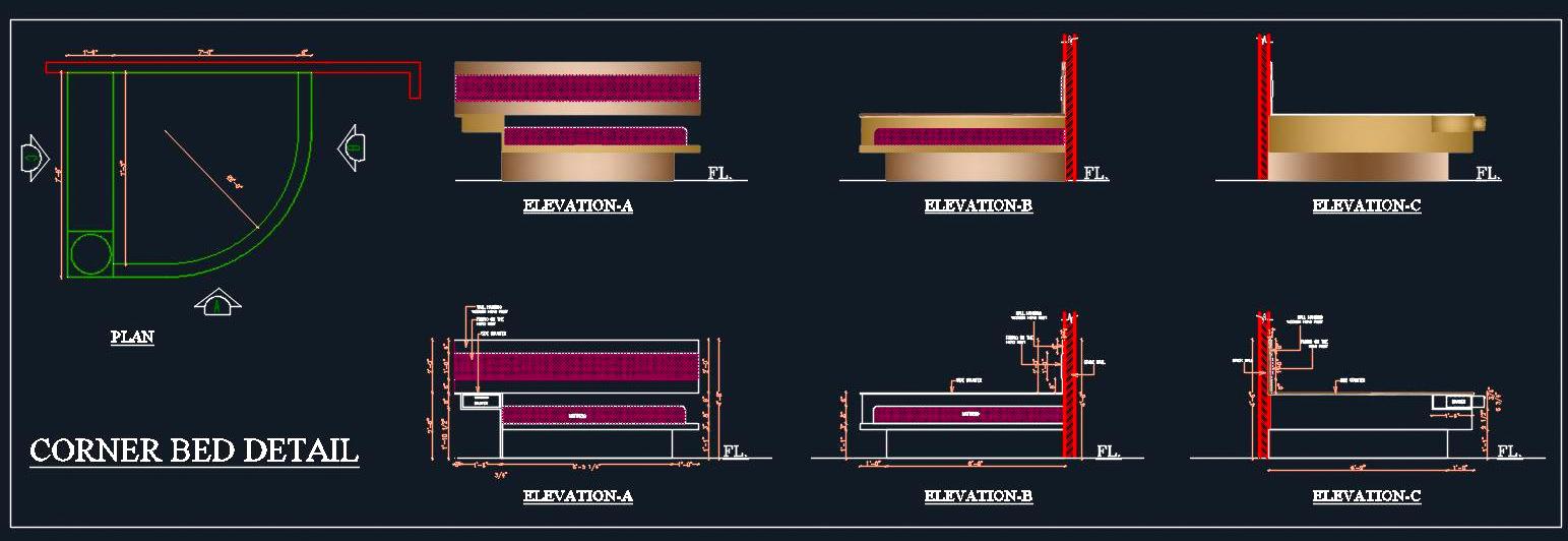 Rounded Corner Bed Detail- Free Autocad Plan & Elevation Drawing